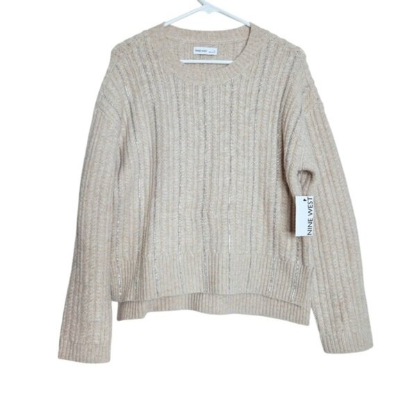 Nine West Oatmeal Cream Tan Jewel Embellished Sweater Women's Size Small New NWT - Picture 8 of 8